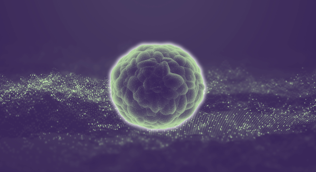 Cancer cell colored purple and green in front of an illustration of data flow