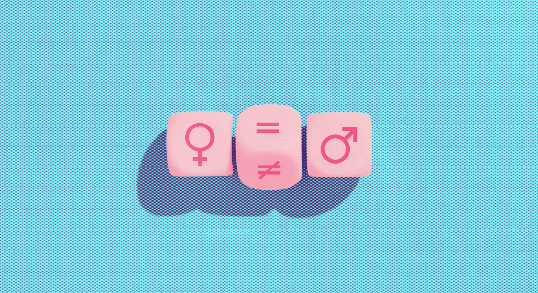 Illustration of dice showing male and female gender symbols as well as an equality sign